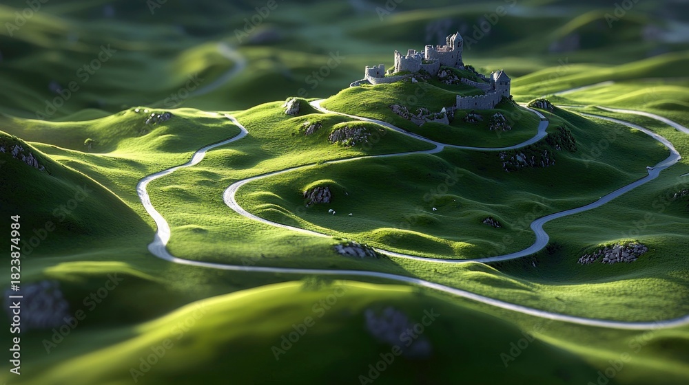 Fototapeta premium An ancient stone castle sits atop a hill surrounded by lush, rolling green hills. Multiple winding roads lead towards the castle, bathed in the warm glow of gol