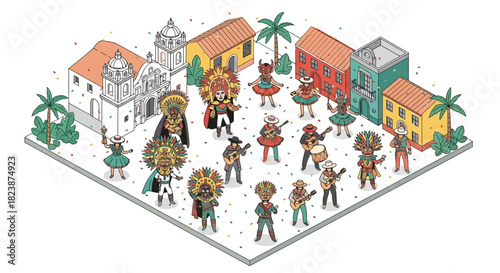 Lively isometric illustration capturing a vibrant cultural festival with people in diverse traditional costumes, musicians, and historic town buildings, celebrating heritage