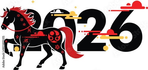 Stylized black horse beside 2026 in black with red and gold accents