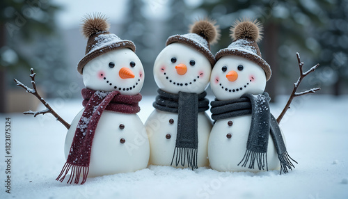 Three cheerful snowmen wearing hats and scarves in snowy landscape  