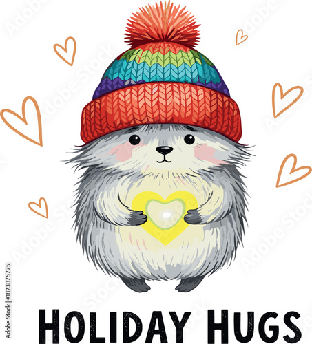 Adorable fluffy creature in a cozy knit hat holding a glowing heart, surrounded by love, perfect for warm holiday greetings and winter affection