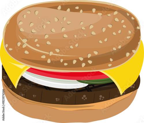 Burger with cheese tomatoes onions cutlet sesame seed vektor illustration