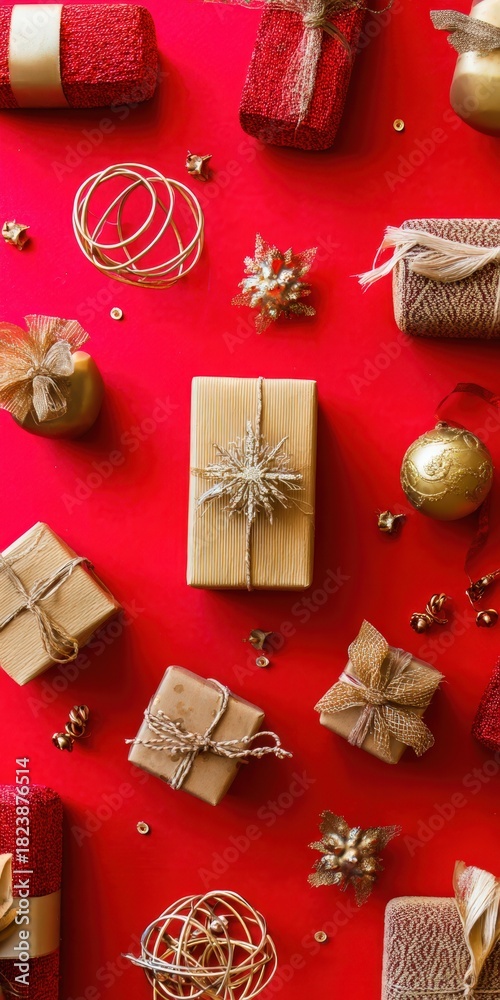 Fototapeta premium Christmas holiday gifts and decorations on red background