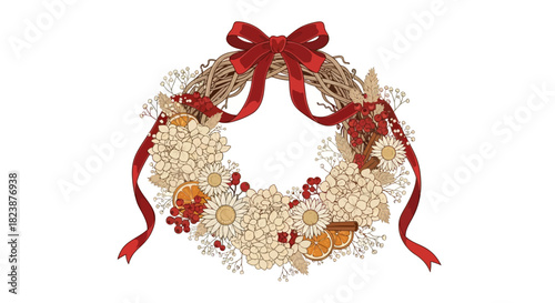 Festive dried flower and berry wreath with a red bow, perfect for holiday decoration