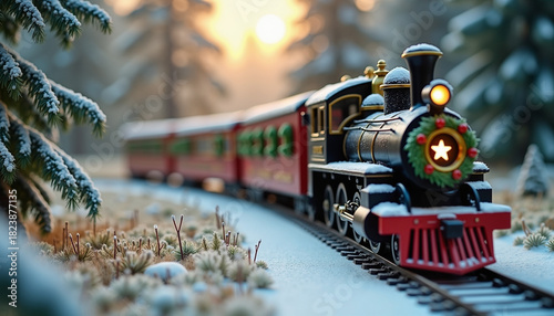 Vintage Christmas train traveling through snowy forest at sunset  