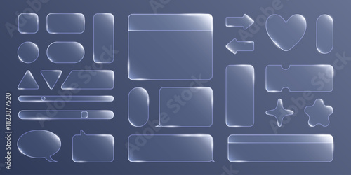 A vector glassmorphism set with translucent UI frames, shapes, and backgrounds with soft glow effects, designs for interfaces and elegant digital designs.