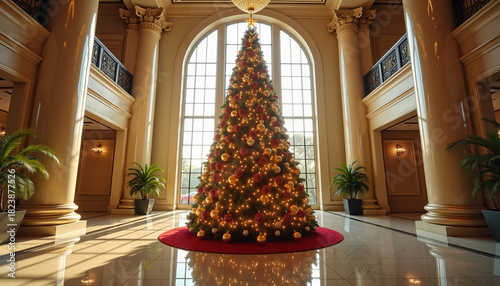 Christmas tree decorated with ornaments in elegant hotel lobby  
