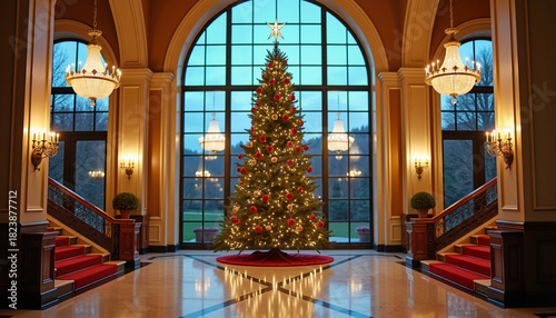 Christmas tree decorated with ornaments in lobby with large windows  