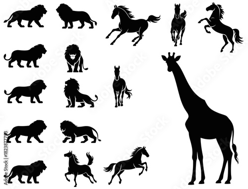 Black silhouette animals vector art lions horses giraffe wildlife design