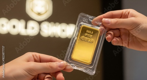 Close-up of hands holding a sealed fine gold bar for investment and wealth security.