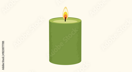 A single green pillar candle with a burning flame, isolated vector illustration representing relaxation, aromatherapy, and spa treatment