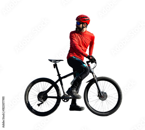 Cyclist riding bicycle on road against clear sky. A man in an outfit stands with a bicycle on an autumn sunny day.