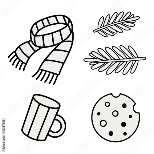 Collection of cozy winter and holiday icons including a scarf, mug, cookie, and fir tree branch