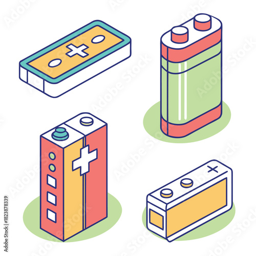 Collection of four colorful isometric batteries and power cells on a white background