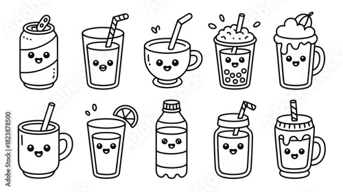 Cute drink icon set kawaii style beverage vector illustration great for menu design and childrens books