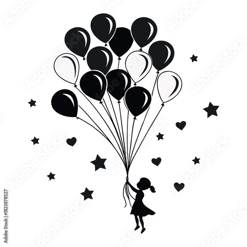 Silhouette of a little girl holding a large bunch of black balloons and stars floating around