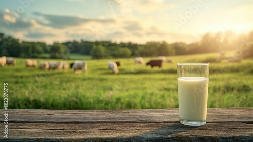 Fresh milk from pitcher into the glass with grass field and cows with a natural background,fresh milk ad template banner,Cows live on natural pastures, packaging with milk packs concept.