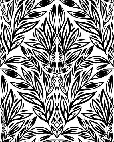 Vector monochrome nature seamless leaf ornament on white background. Black tracery texture with stylized foliage and stems