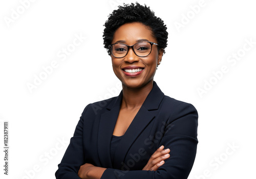 Smiling black woman in glasses and suit isolated on transparent background
