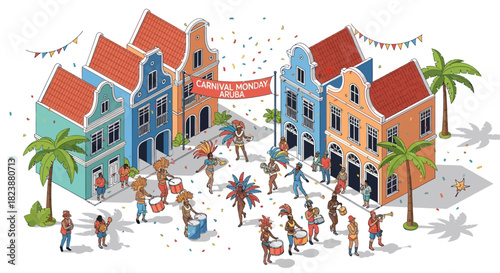 Vibrant Carnival Parade in a Colorful Caribbean Town with Palm Trees and Confetti