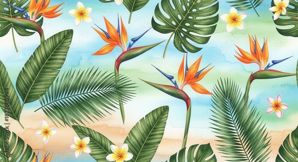 Fototapeta premium Exotic floral arrangement showcasing tropical paradise with vibrant blossoms and foliage
