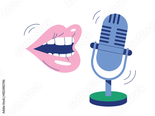 Illustration of open lips with teeth next to a blue microphone