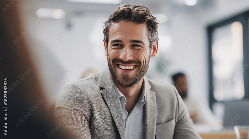 Obraz premium Smiling man participating in meeting while engaging with team in clean and professional space