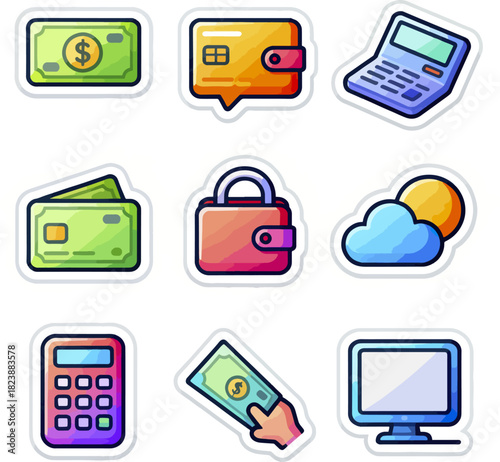 Finance icons set money wallets credit cards calculator and cloud computing elements