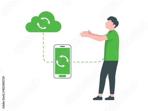 Man with arms outstretched looking at phone syncing to a cloud icon