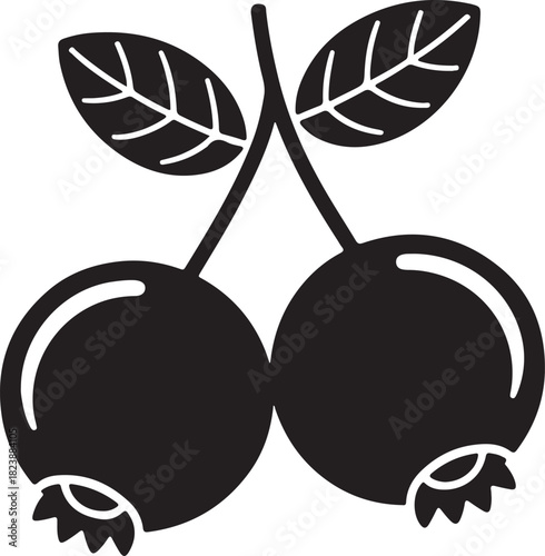 Stylized black silhouette of two blueberries with green leaves on a light background