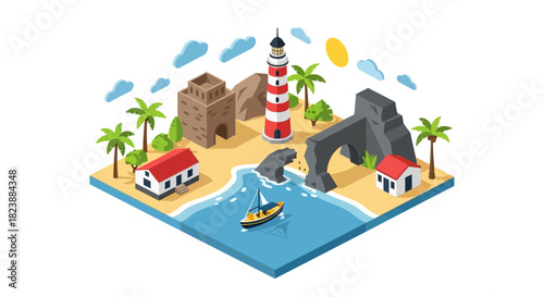 Cartoon Isle with Lighthouse, Buildings, and Boat in Tropical Seaside Setting