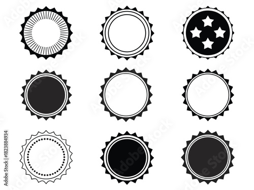 Collection of nine beer cap designs in black and white vector art