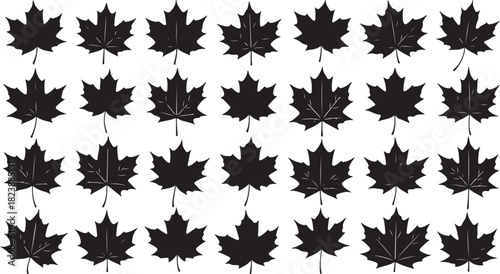 Repeating Pattern of Black Maple Leaf Silhouettes on White Background autumn fall