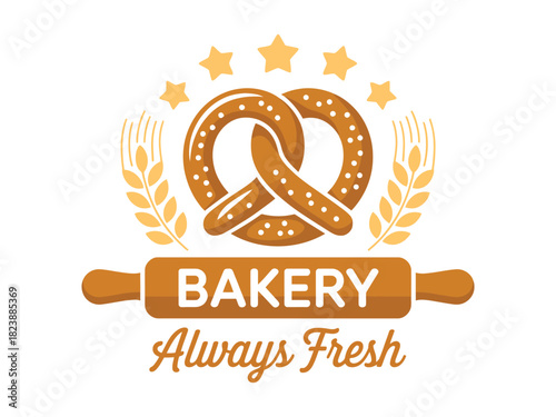 Bakery logo featuring pretzel, wheat, stars, and rolling pin art