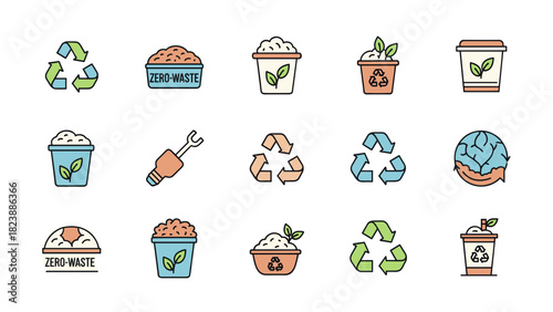 Collection of icons representing zero waste and recycling concepts.