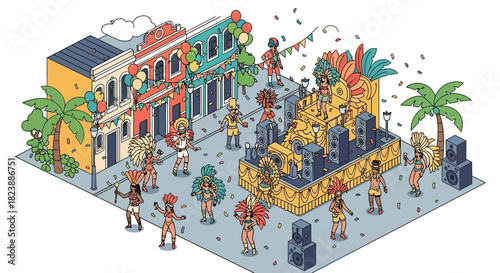 Vibrant isometric illustration of a lively street parade with dancers in costumes, floats, and confetti, celebrating a festive occasion