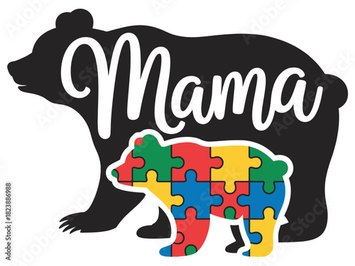 Mama bear with autism puzzle bear cub design on a white background