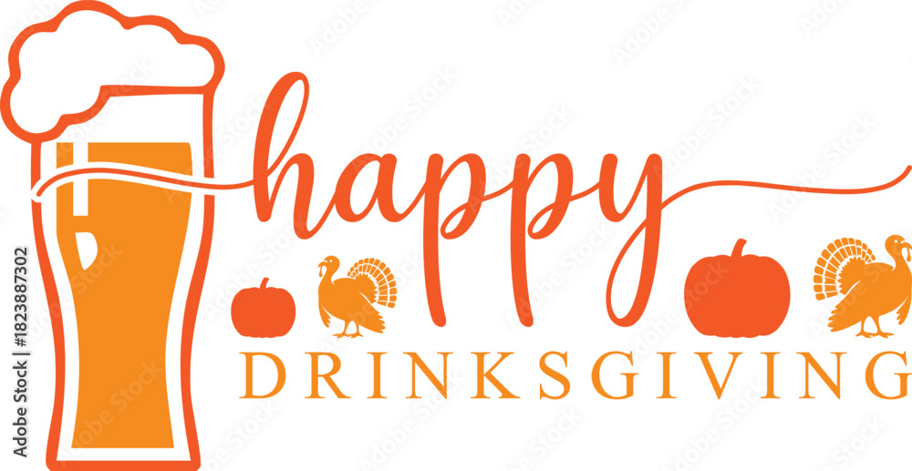 Naklejka premium Happy Drinksgiving Logo with Beer, Turkeys, and Pumpkins, vector, illustration.