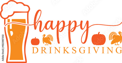 Happy Drinksgiving Logo with Beer, Turkeys, and Pumpkins, vector, illustration.