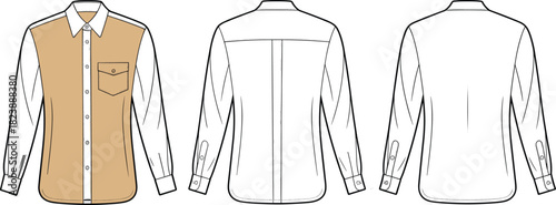 Long sleeve shirt technical drawing, fashion flat sketch, vector illustration, color block button down, apparel design template, front and back view.