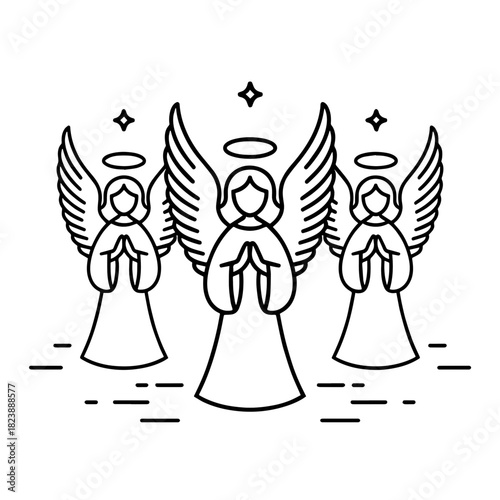 Depiction of angel choir line illustration, outlining celestial beings in unity, forming a heavenly chorus. Angel choir line illustration visualizes a sacred music ensemble.