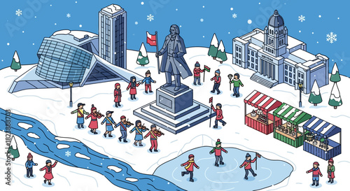 Isometric winter festival scene in a snowy city with people ice skating and shopping at an outdoor market