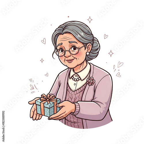 A heartwarming illustration of a kind elderly woman lovingly presenting a thoughtful gift, perfect for celebrating special moments and expressing gratitude and care