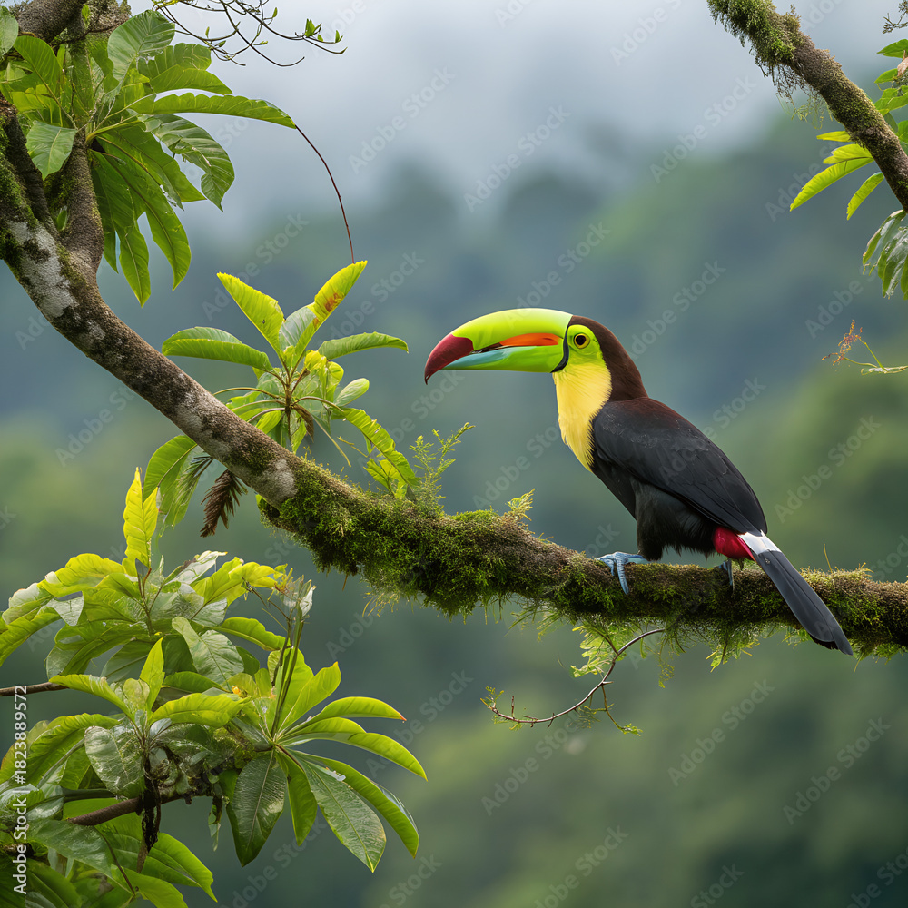 Obraz premium Keel billed Toucan Perched on Tree Branch in Lush Tropical Rainforest.
