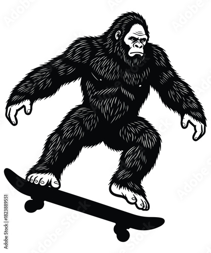 A black and white illustration of a hairy ape or bigfoot riding a skateboard with a dynamic pose and an adobe illustrator logo in the corner