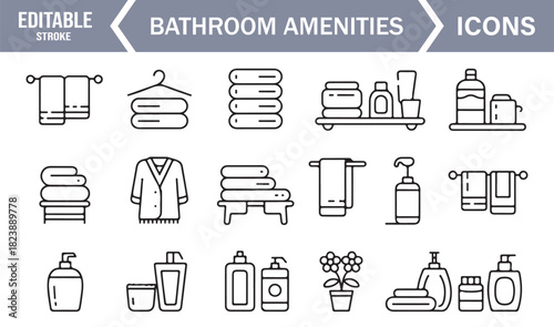 Simple Line Style Bathroom Amenities Icons Including Toiletries, Towels, Bathrobes, Dispensers, and Wash Accessories
