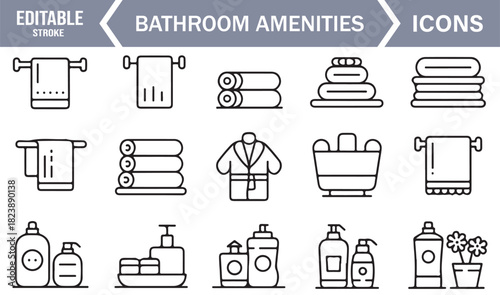 Monoline Icons for Washroom Essentials Including Rolled Towels, Soap Bottles, Bathrobes, and Bathroom Fixtures