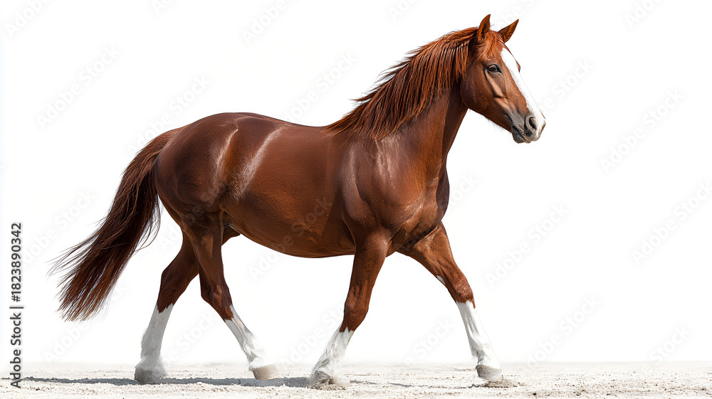 Obraz premium Red horse Walking Isolated on White Background, full gallop horse, horse beautiful Flowing tail, Elegant horse on the White Background.