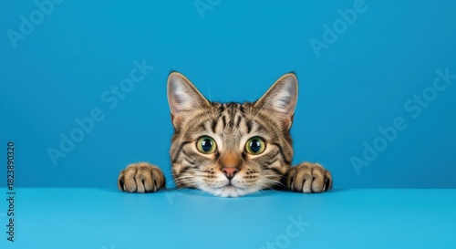 Inquisitive tabby cat peering above blue plane with dilated pupils, embodying frolicsome nosiness