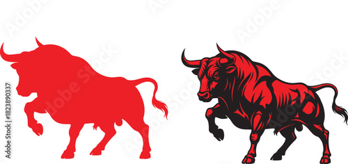 Vector graphic of a charging red bull silhouette next to a detailed fiery bull illustration with adobe illustrator logo